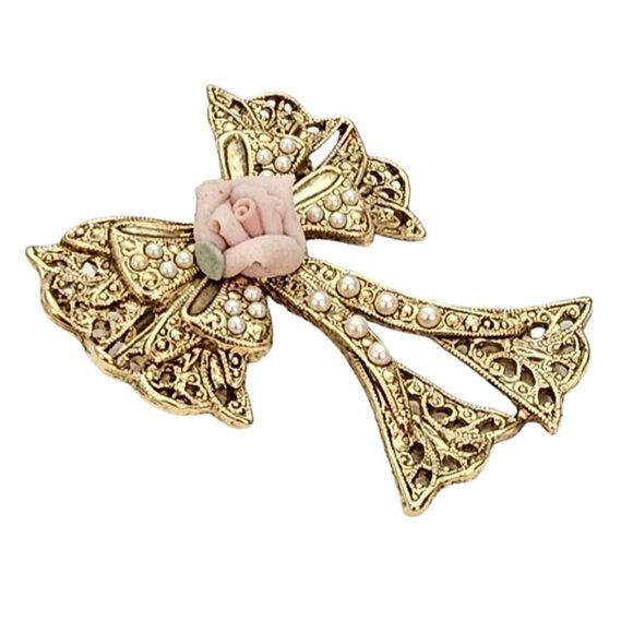 1928 Brand Gold Tone Faux Pearl Filigree Porcelain Rose Bow Brooch Pin L345 - Picture 3 of 9